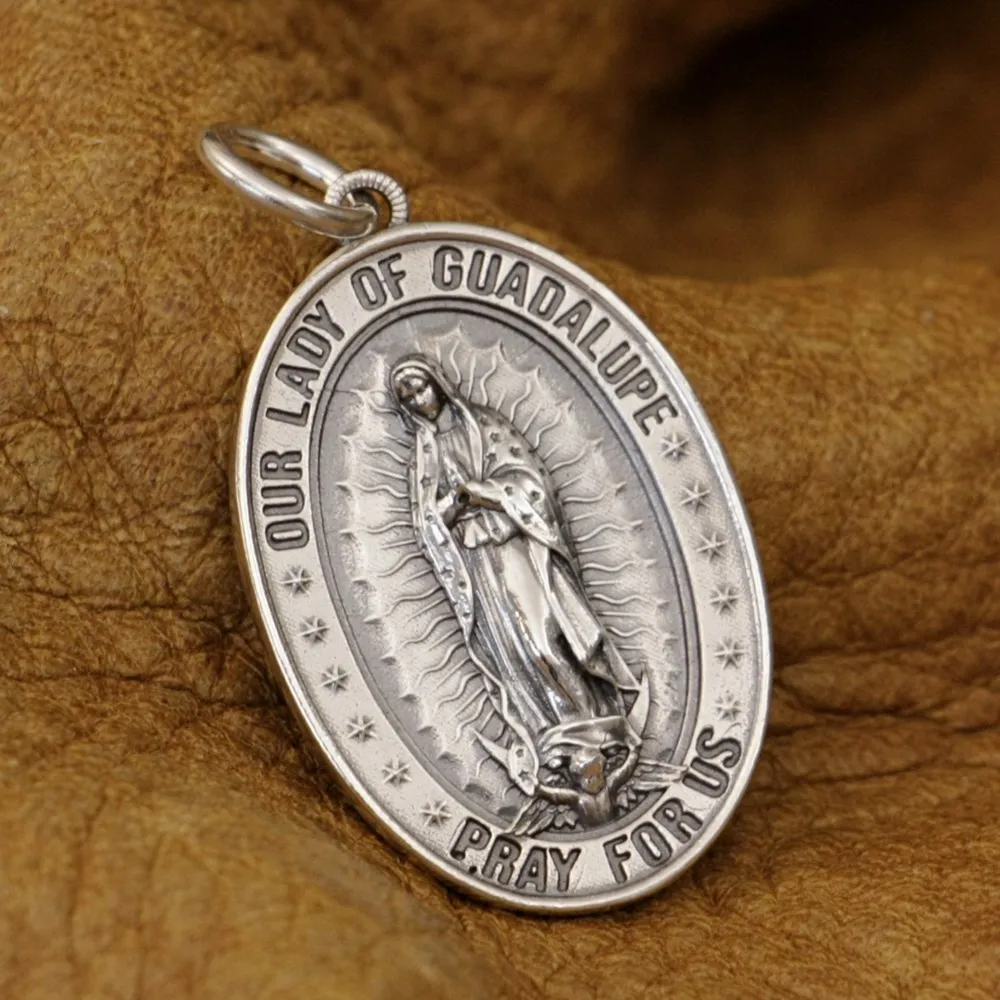 LINSION 925 Sterling Silver Our Lady of Guadalupe Pendant Virgin Mary TA340