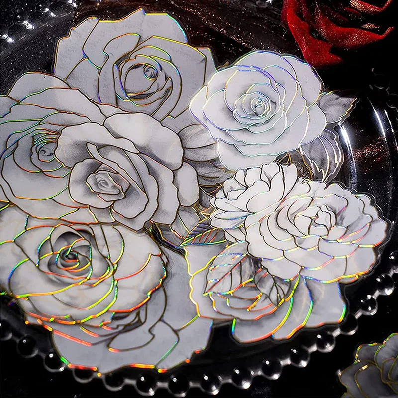

60PCS Large Size Flower Stickers Transparent Stickers Waterproof Gold Holographic Outlines Decorative Flower Sticker Set