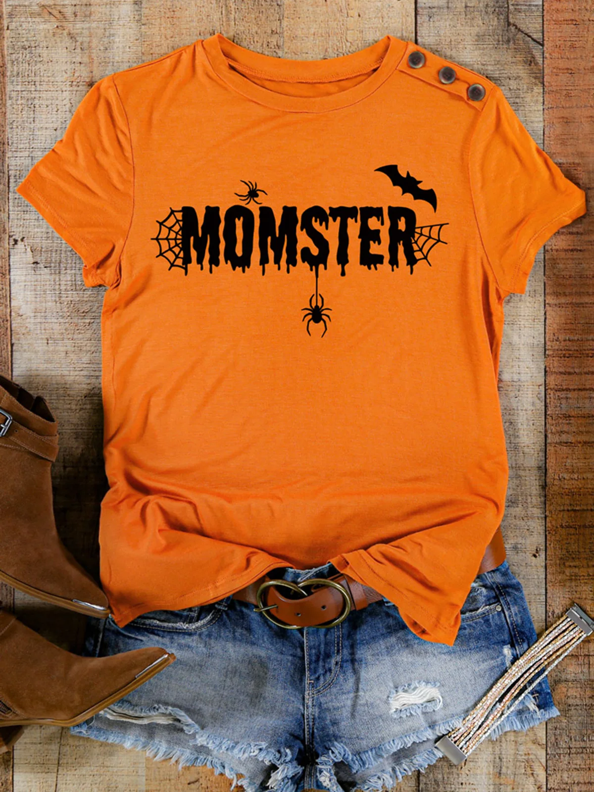 

Halloween Momster Bat Spider Button T-Shirt Tee 2023 Autumn Short Sleeve Elegant Tops for Women Cropped Basic Streetwear Clothes