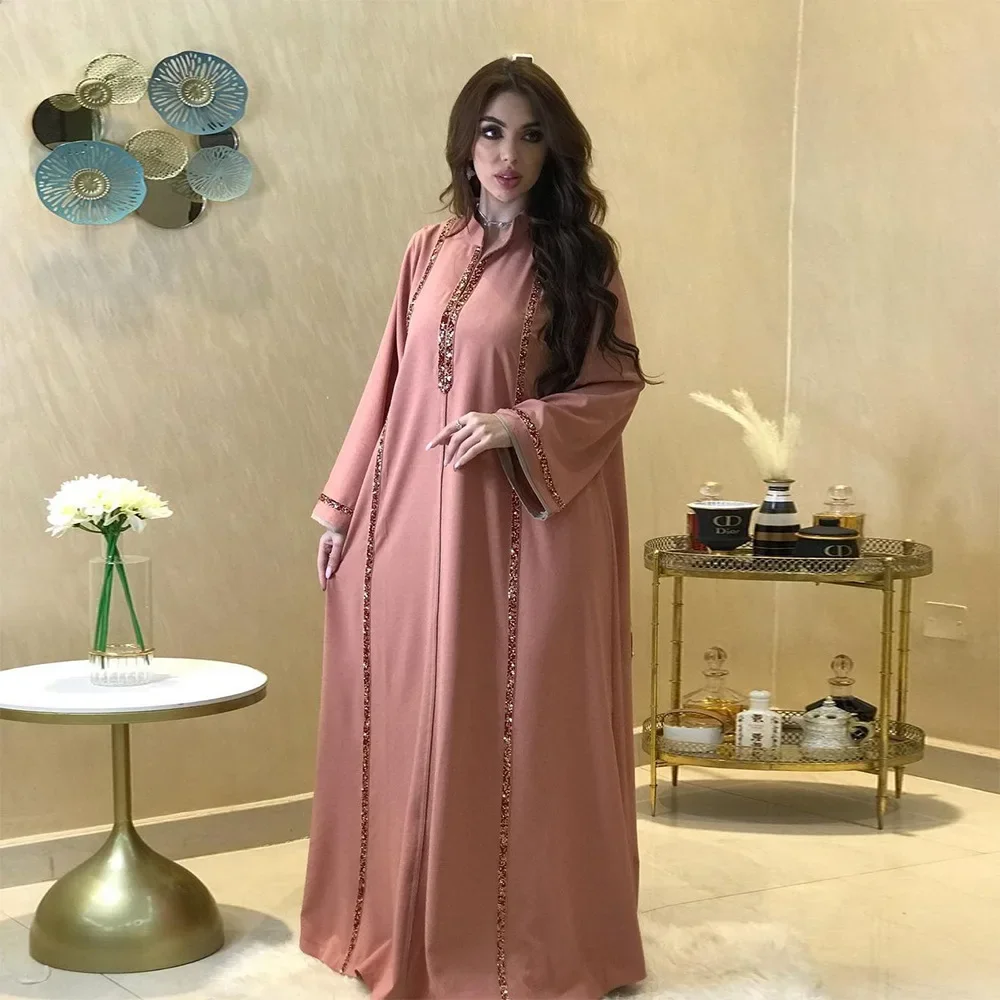 Diamonds Braid Abaya Dubai Luxury Morrocan Kaftan Robe Jalabiya Dress Ramadan Turkey Islamic Muslim African Dresses for Women