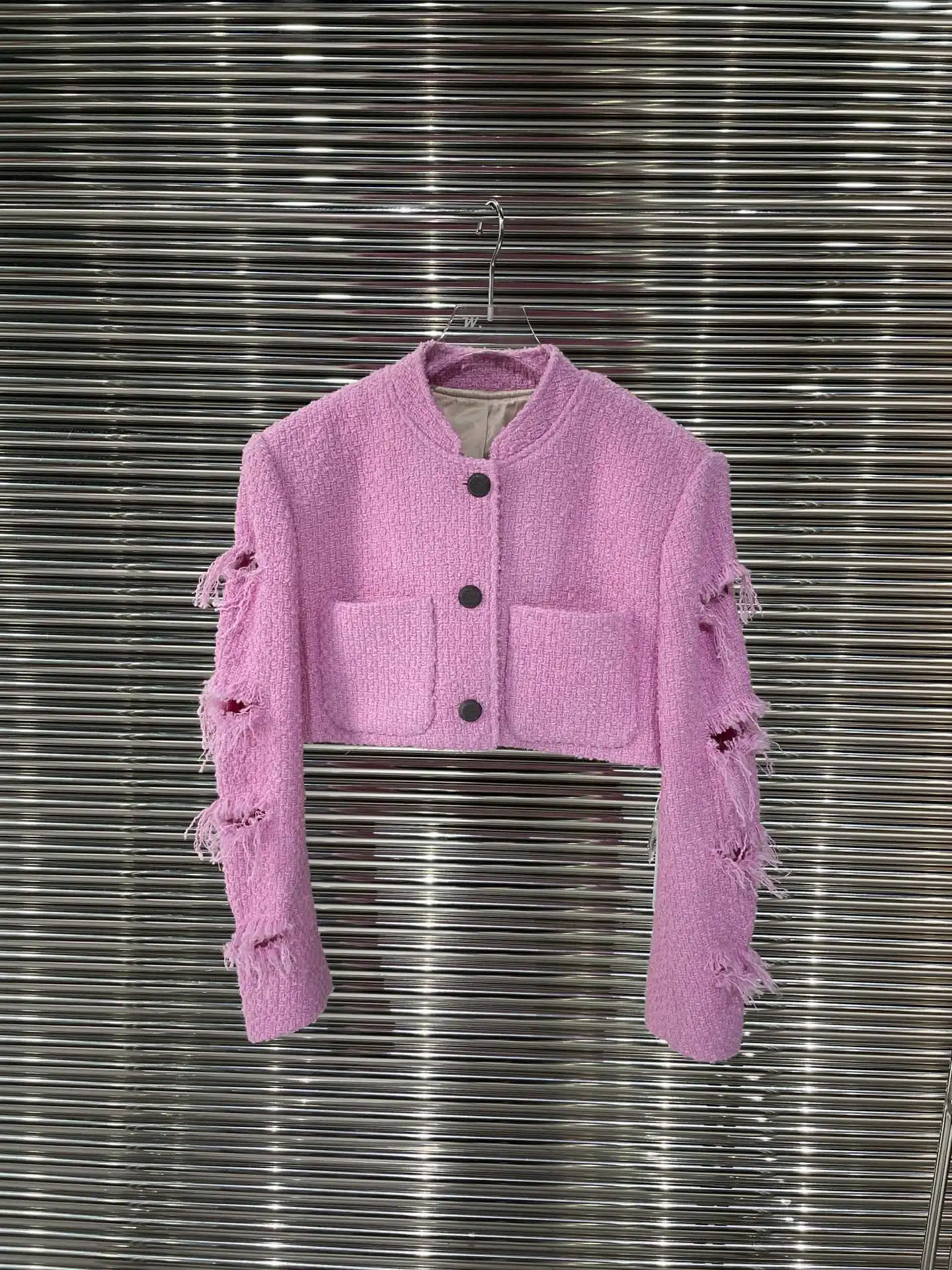 

Early spring new pink wool blend braided coarse flowers short small stand-up collar coat, sleeves ripped tassel design