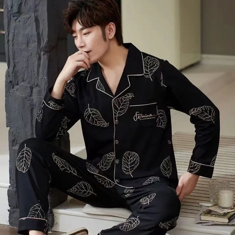 2024 New Pajamas Men's Long Sleeve Cotton Sleepwear Spring Autumn Young Men Homewear Autumn Winter Casual V-neck Loungewear Set