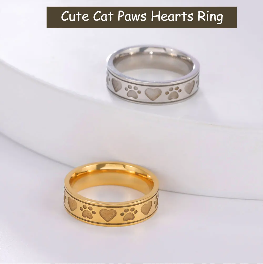 Gold Color Hearts Cat Paws Women's Ring Stainless Steel - PeticaDeals