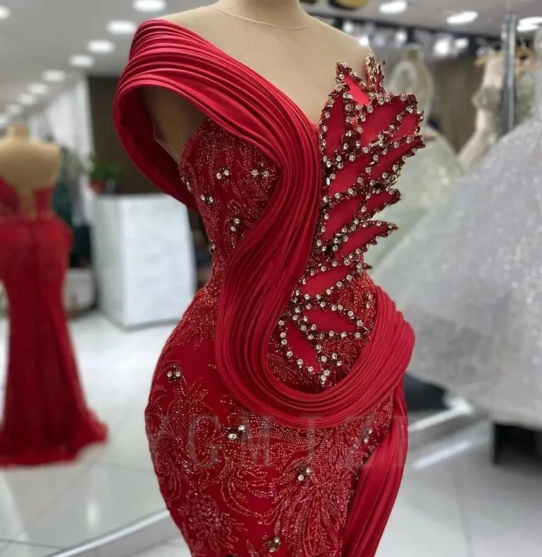 Aso Ebi Evening Dresses Long Luxury Mermaid One Sleeves Beaded Rhinestone Leaf Red Chic Birthday Prom Party Gowns for Wedding 2