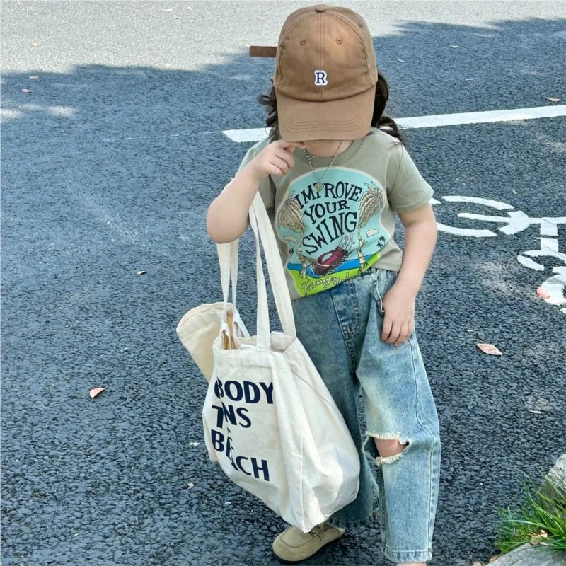 

Summer 2-7 Year Children Girls 2PCS Clothes Set Letter Print Versatile Cotton Shirt Hole Straight Pants Suit Kid Girls Outfits
