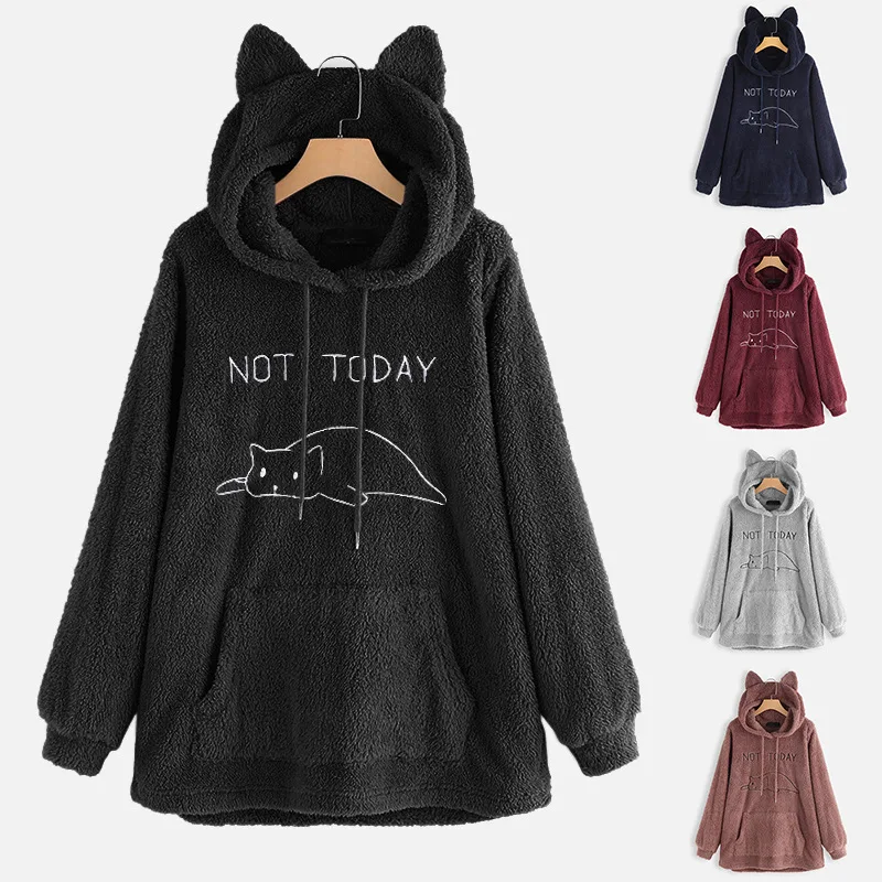 

Oversize Hoodie Womens Fleece Teddy Hoodies Cat Ear Print Warm Hooded Pullover Top Sweatshirts Jumper Women Hoodie Sweatshirts