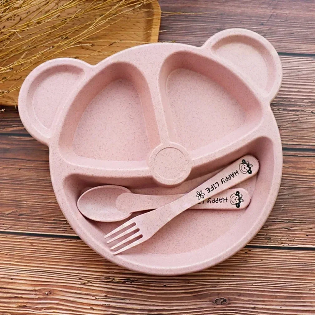 3Pcs/set Wheat Straw Baby Dishes Cartoon Tableware Set Kids Dinner Platos Baby Feeding Plate Training Bowl Spoon Fork Tableware