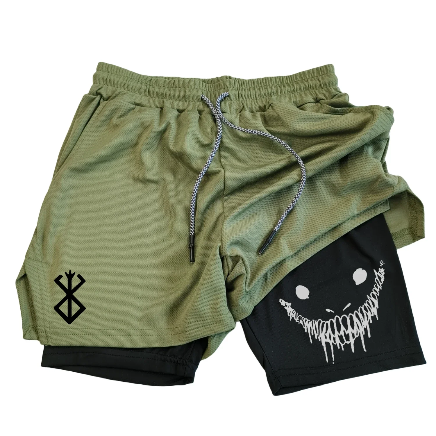 2 in 1 Sports Shorts Men Fitness Gym Training Quick Dry Shorts Workout Jogging Double Deck Summer Anime Berserk 2
