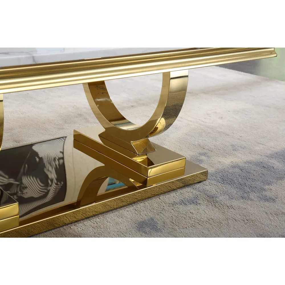 Marble Top Coffee Table, Rectangular Living Room Table Marble Cocktail Table Mirrored Stainless Steel U-Base, Sofa Coffee Table 5