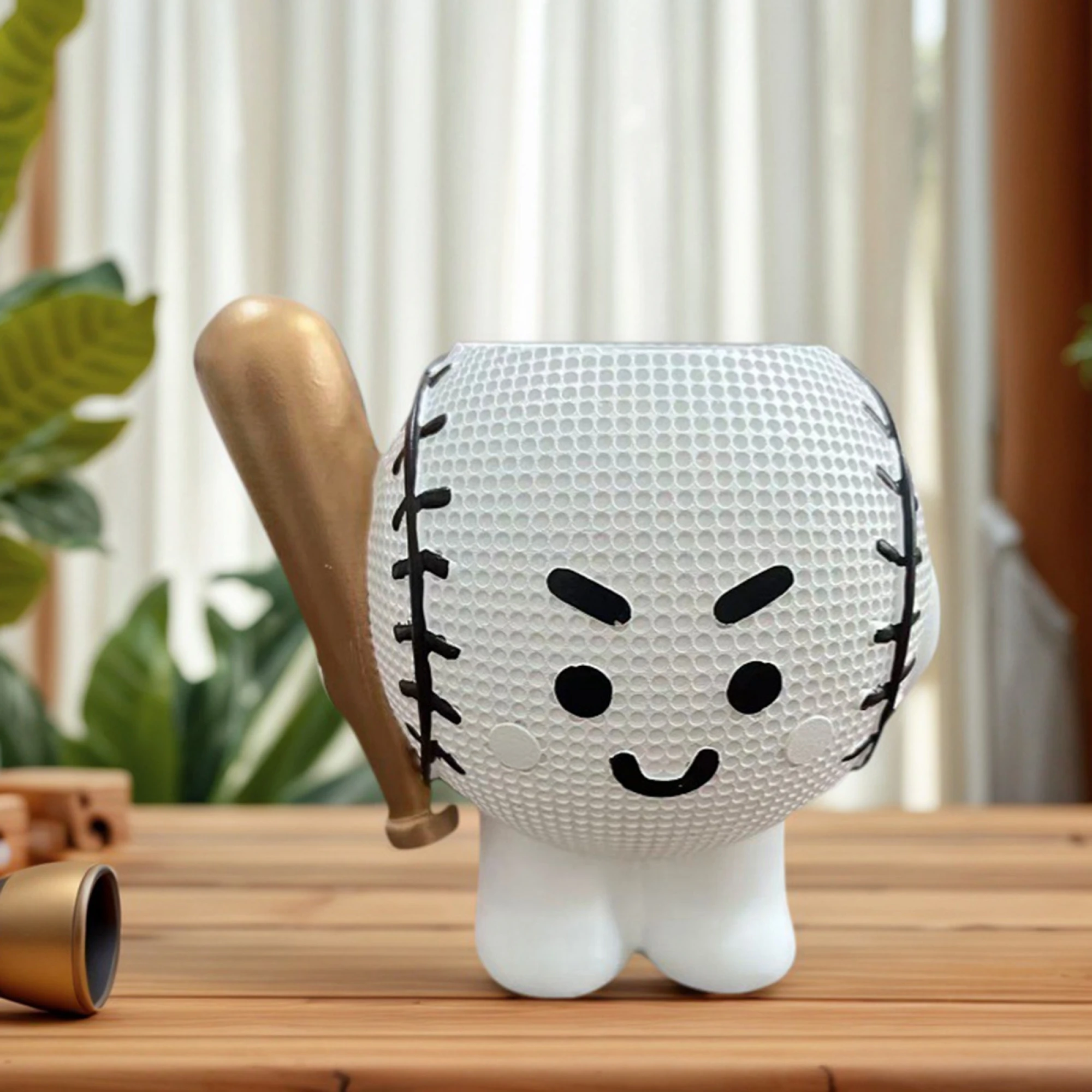 Baseball-themed Resin Desk Organizer with Flower Pot Design - Adorable Pencil Holder for Home or Office Desktop Storage