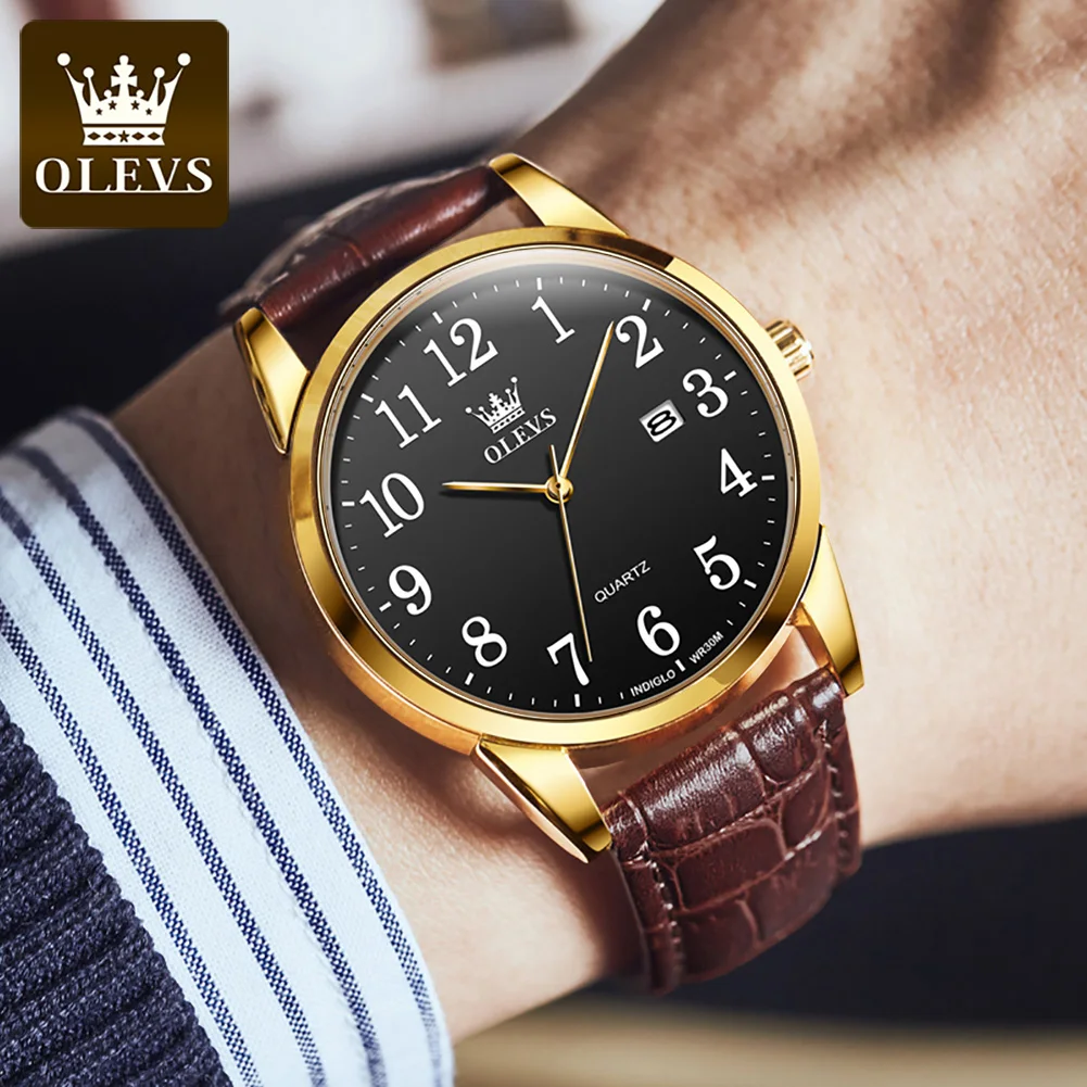 OLEVS Couple Watches Leather Strap Wrist Watch for Men and Women Simple Date Dial Waterproof Business Couple Watches Clock Reloj