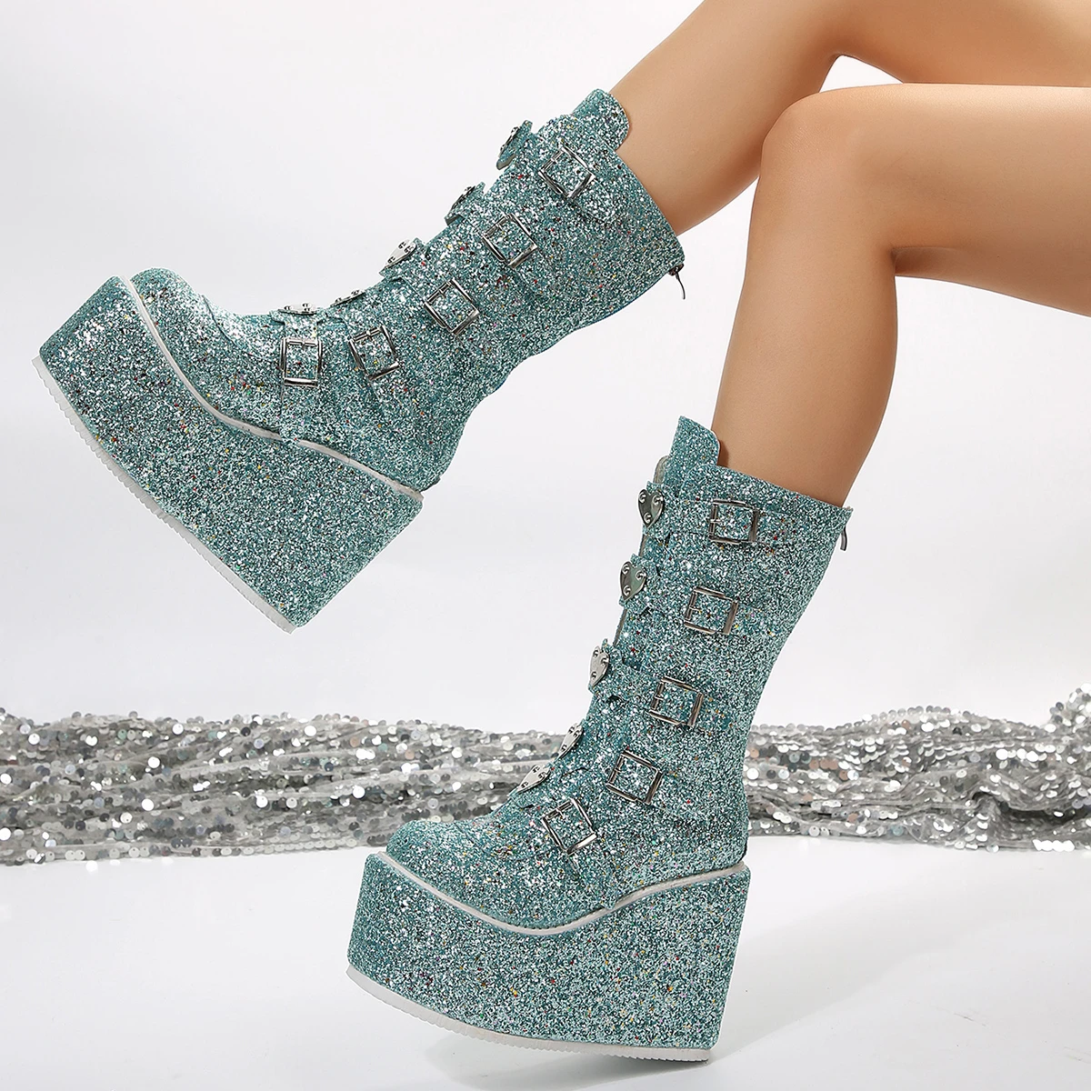 

Женские высокие сапоги для косплея, зимние длинные кожаные сапоги, женские сапоги В рыцарском стиле, классические синие сапоги на высоком каблуке в стиле панк, готика, сапоги до колена