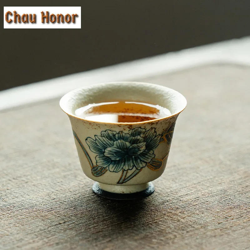 1PC Blue And White Flint Red Ceramic Tea Cup Hand-painted Peony Flower Master Cup High Footed Meditation Cup Drinkware Gift 45ml