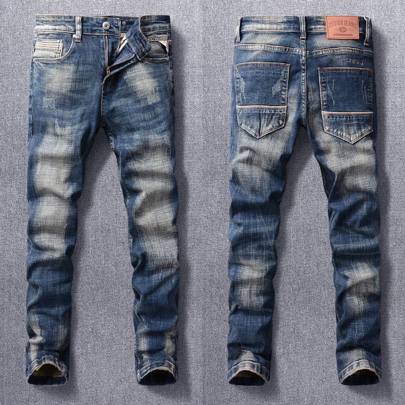

Fashion Vintage Men Jeans Retro Black Blue Slim Ripped Jeans Men Stretch Trousers Embroidery Designer Casual Denim Pants Hombre