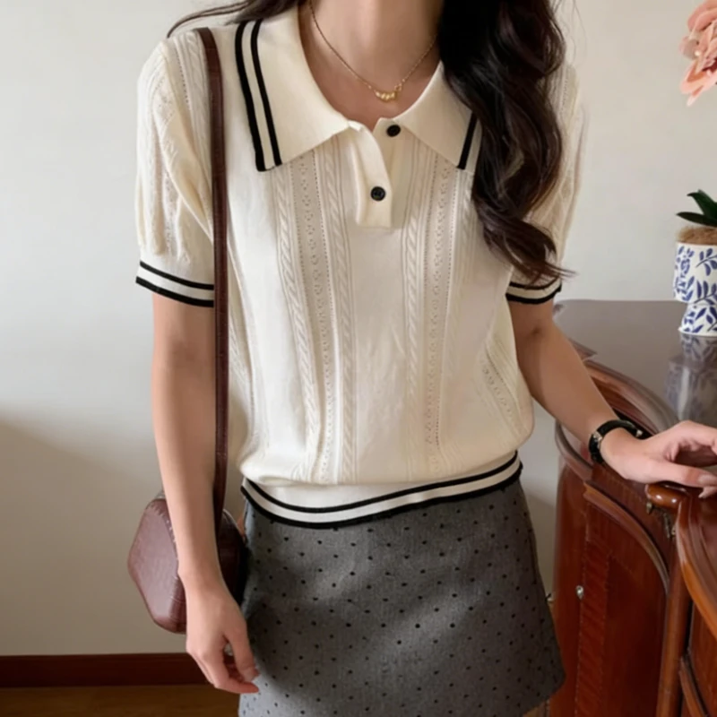 Ivory Trim Polo Knit Top Sce9cbf523a3b4dca8ff97c5cdf6b1c46E