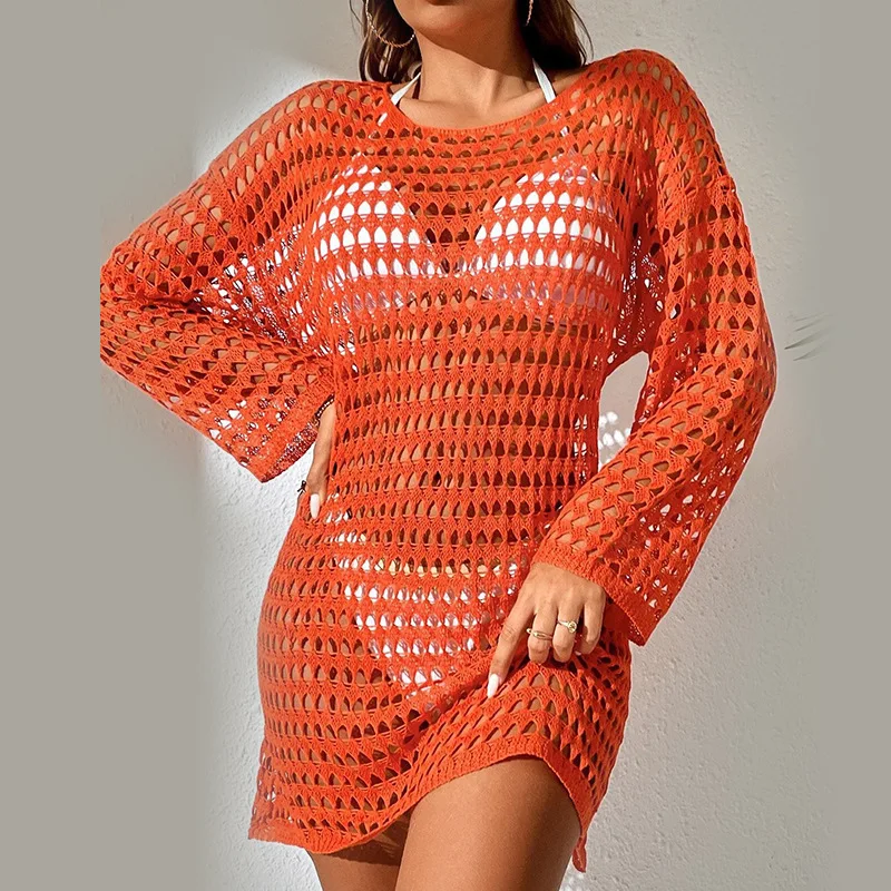 

Women Knit Bikini Cover-Ups Solid Color Cutout See-Through Mini Beach Dress Crew Neck Long Dress Sunscreen Tops