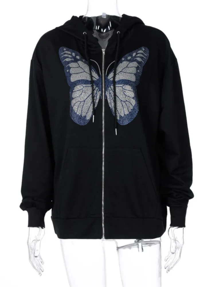 Vintage Y2K Fashion Butterfly Graphic Rhinestone Zip Up Hoodies E-girl 90s Streetwear Diamond Grey Long Jacket Autumn Hoodie New