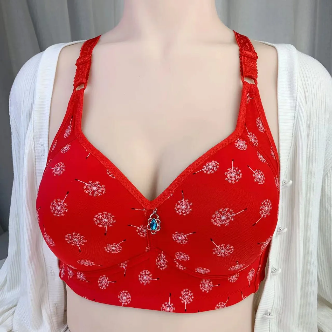 

36-44 B/C Women Floral Printed Bras Underwear Plus Size Soft Thin Cup Gathered Adjustment Bra Middle Aged Brassiere Bralette