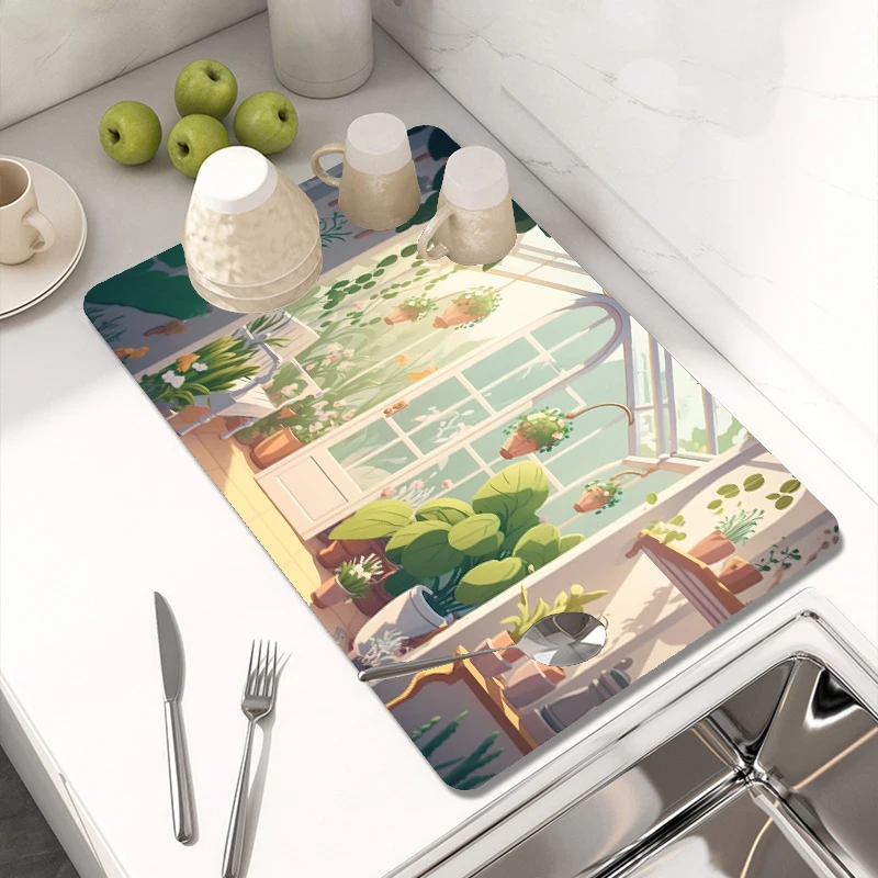 Fresh Fruits & Vegetables Print Dish Drying Mat – 16x18 Inch Absorbent, Reversible Kitchen Counter Mat