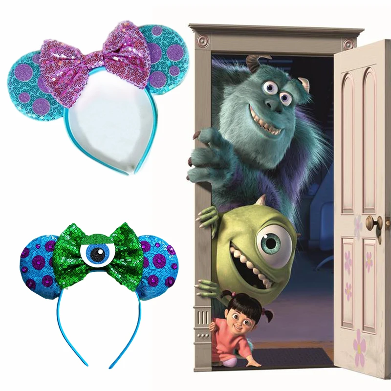 Disney Cartoon Monsters Inc Hair Accessories Girls Sulley Ears Hairbands Kids Sequins Bow Headband Baby Mike Head Bands Women