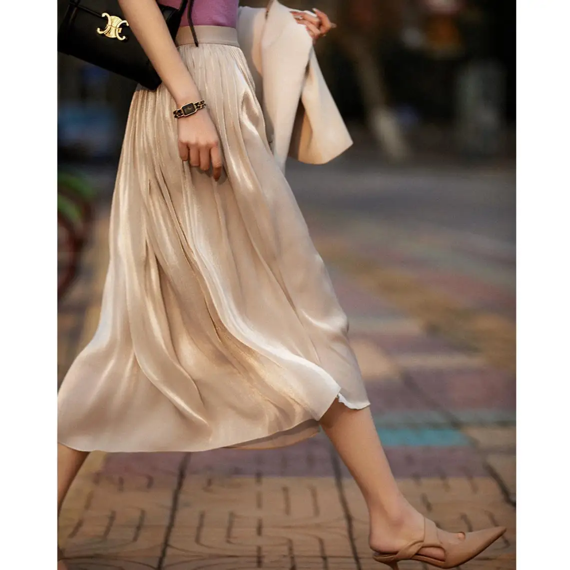 

HOUZHOU Skirts Casual Women Summer Elegant Chic Solid Skirt Korean High Waist Gilding Luxury Fashion Long Skirt