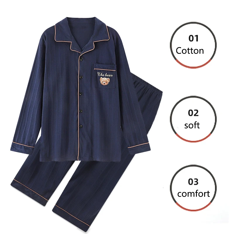 Pajama Sets Cotton Plus Size Men Pyjamas 2PCS/Set Long-Sleeved Cardigan Homewear Black Striped Plaid Sleepwear
