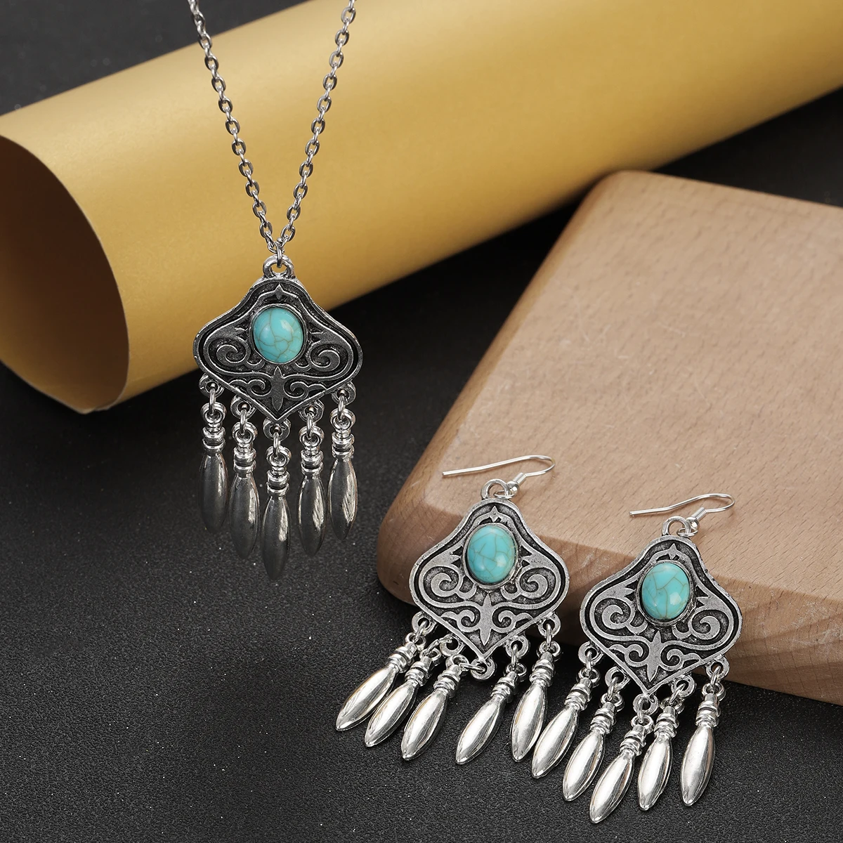 Ethnic Silver Plated Geometric Carved Tassel Jewelry Set with Blue Turquoise