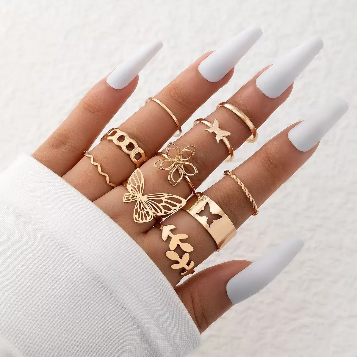

New Simple 10 Pcs Flower Butterfly Leaves Geometric Twisted Hollow Ring Set for Women Female Charm Party Wedding Jewelry Gift