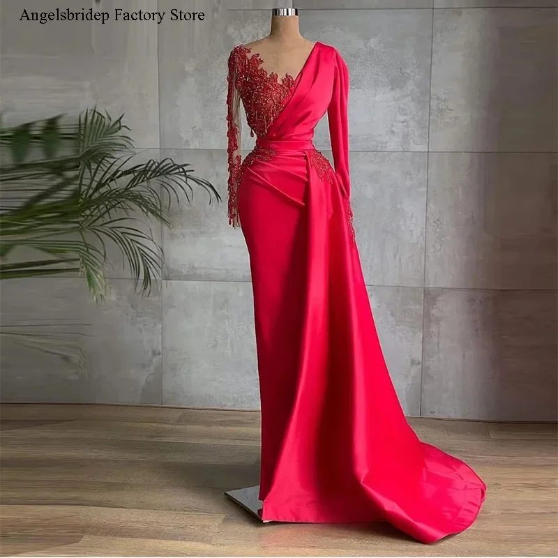 

Женское атласное платье с длинным рукавом, красное блестящее вечернее платье с бусинами и длинным рукавом, платье для выпускного вечера, официальное платье знаменитости, 2021