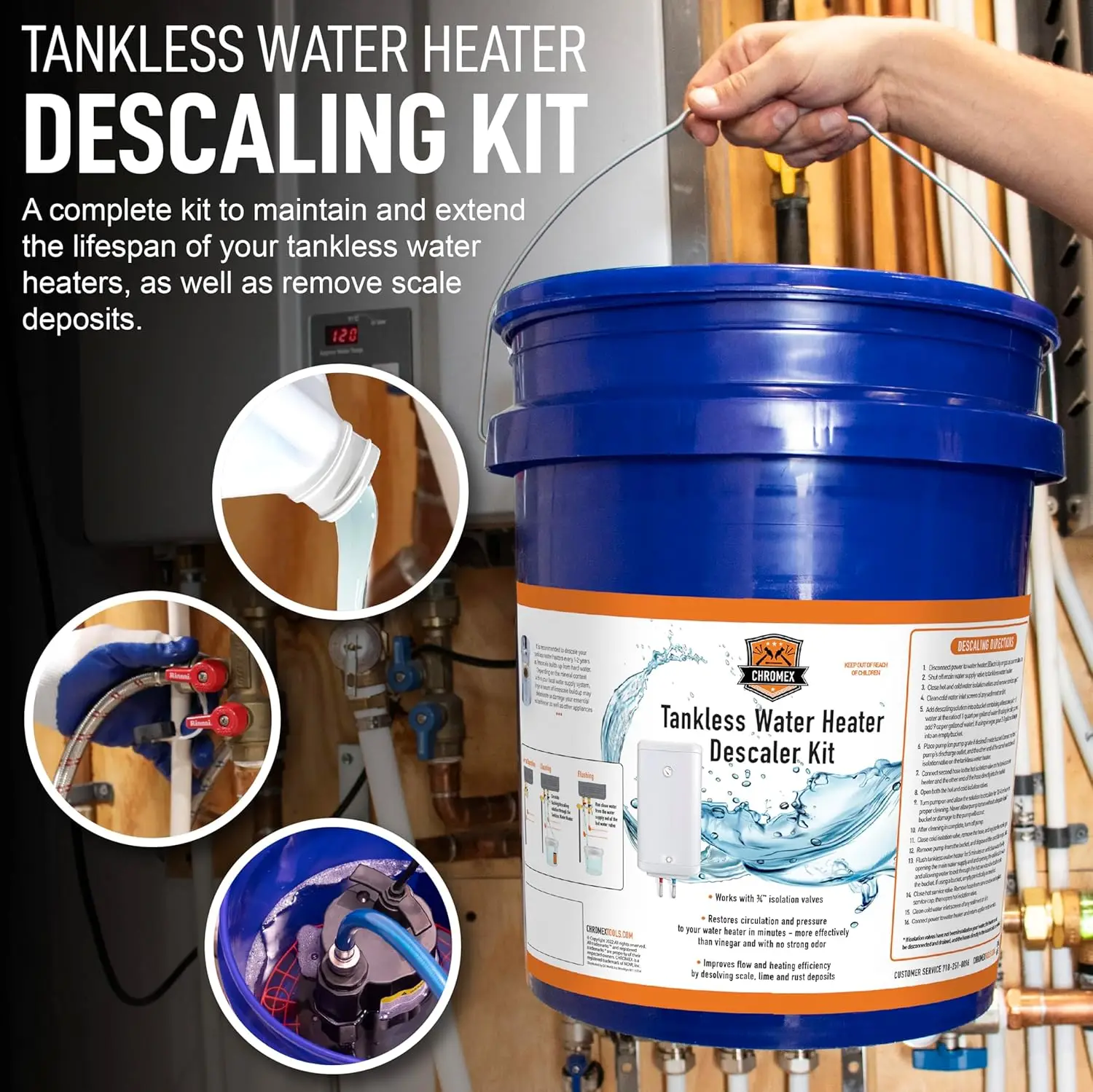 Tankless Water Heater Flush Kit with Concentrated Vinegar Dilutes to 4 Gallons and 1/6HP Extra Strength Pump