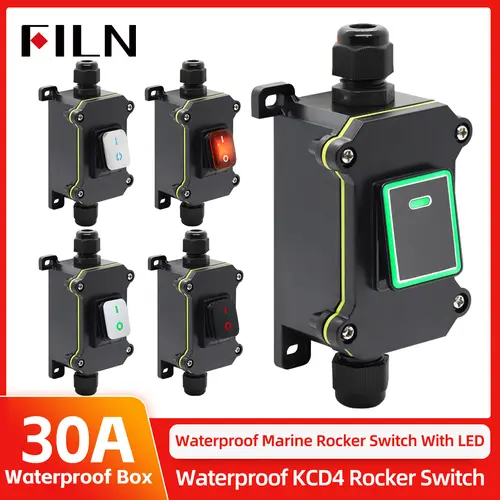 FILN 30A 12V 24V 220V Waterproof Inline Toggle Switch with LED IP65 Sealed Outdoor Box Inline Cord Rocker Switch Power