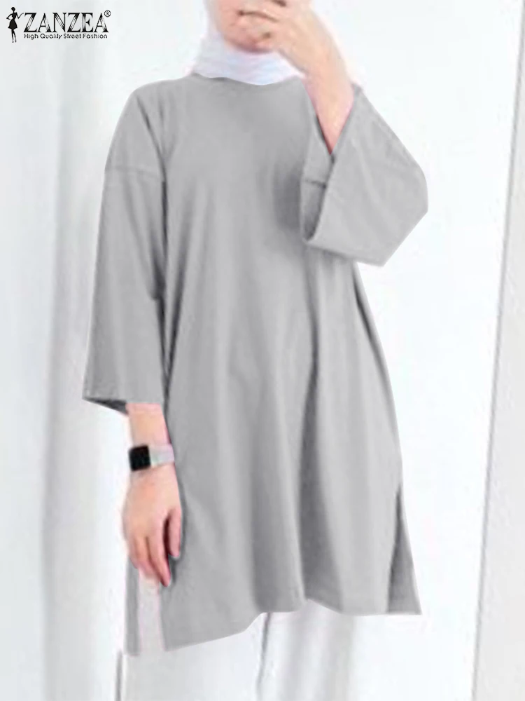 

ZANZEA Woman Vintage Turkey Muslim Blouse Fashion Split Hem Chemise Casual Eid Mubarek Tops Long Sleeve O-Neck Shirt 2023