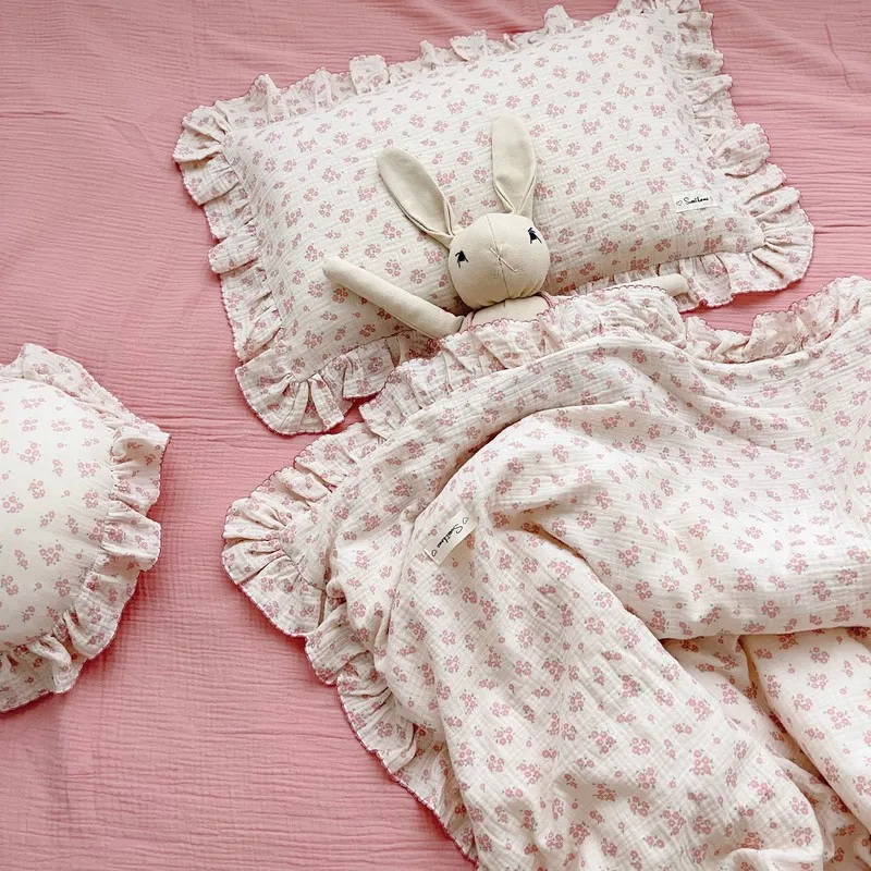 Pink floral cotton duvet cover set twin size cotton rich floral ruffle edge bedding set 2pcs