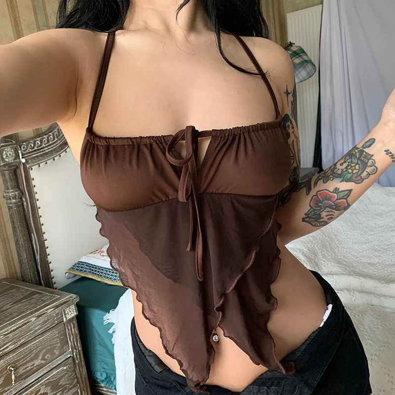 

Brown Ruffles Crop Top Bow y2k Cute Mini Vest Backless Sexy Corset Hollow Out Vintage Beach Club Party Tanks Chic Tee