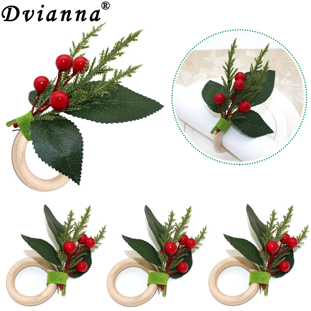 

6PCS Farmhouse Holly Berry Napkin Ring Handmade Rustic Serviette Buckles Holder for Christmas Thanksgiving Decorations HWC169