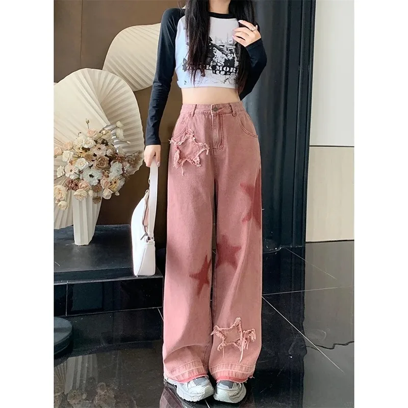 

American Retro Five-star Embroidery Contrasting Raw Edge Jeans 2023 New Autumn Versatile Loose Slimming Trousers for Women