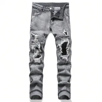 Jeans denim elasticizzati da uomo Streetwear Fori patchwork strappati Denim strappato Pantaloni casual in vita elastica Pantaloni dritti slim fit 1