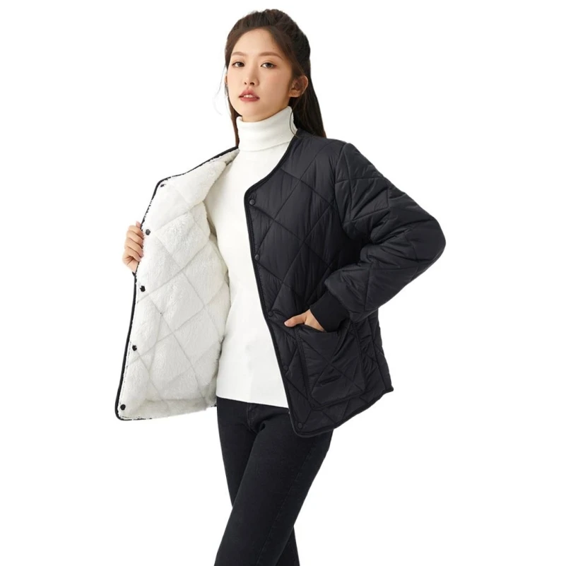 

Women's Winter New Ultra Light Down Collarless Jackets Lamb Cashmere Solid Clothing High Quality Warm Versatile Pockets Outwear
