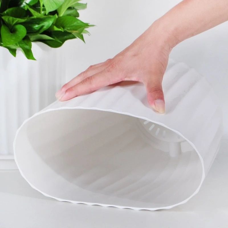 Set of Two Striped Modern White Indoor Plant Pots with Drainage Trays - Large and Medium Sizes