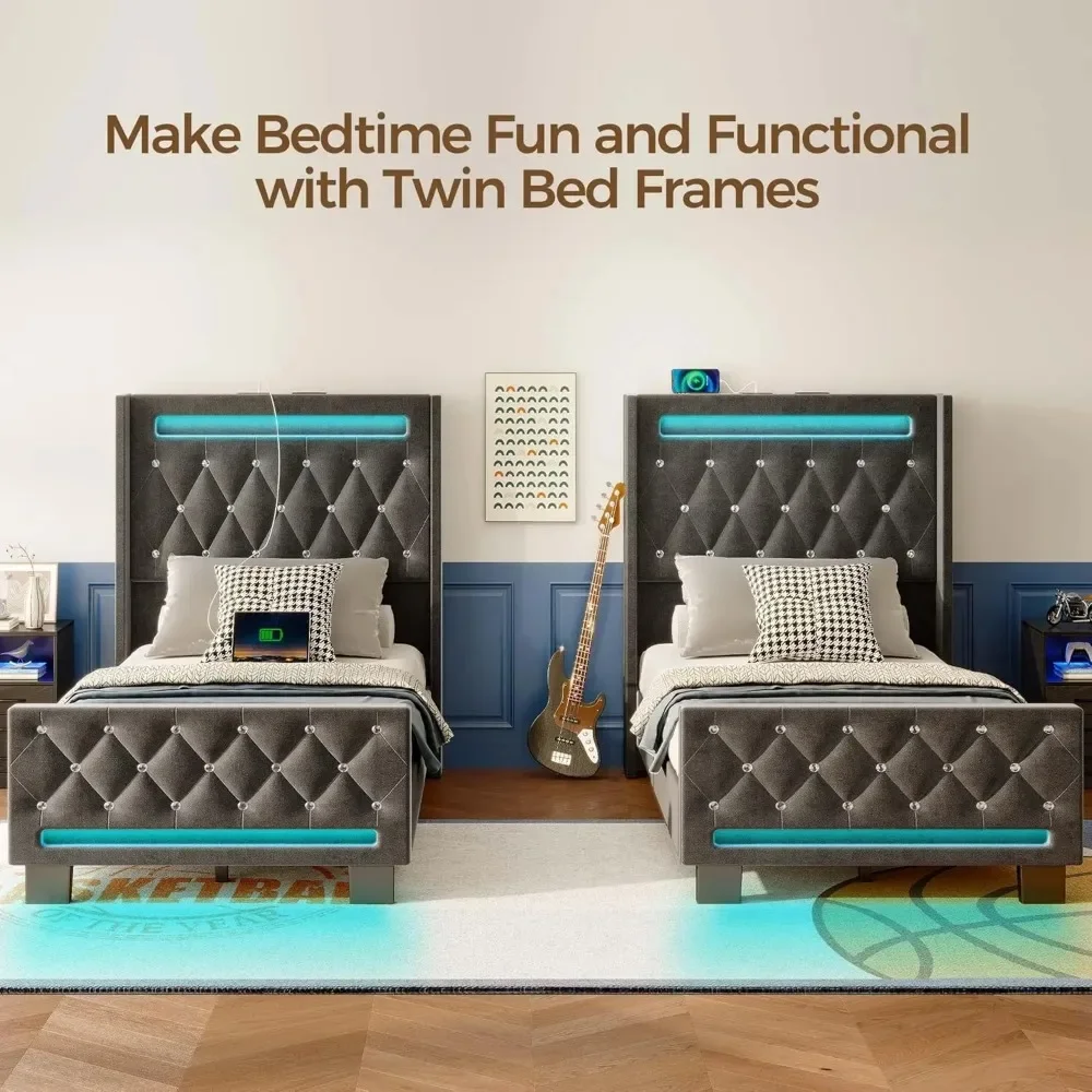 Twin Bed Frame with LED Light and Charging Station, Upholstered High Headboard and Footboard, Wood Slats, Noise Free 6