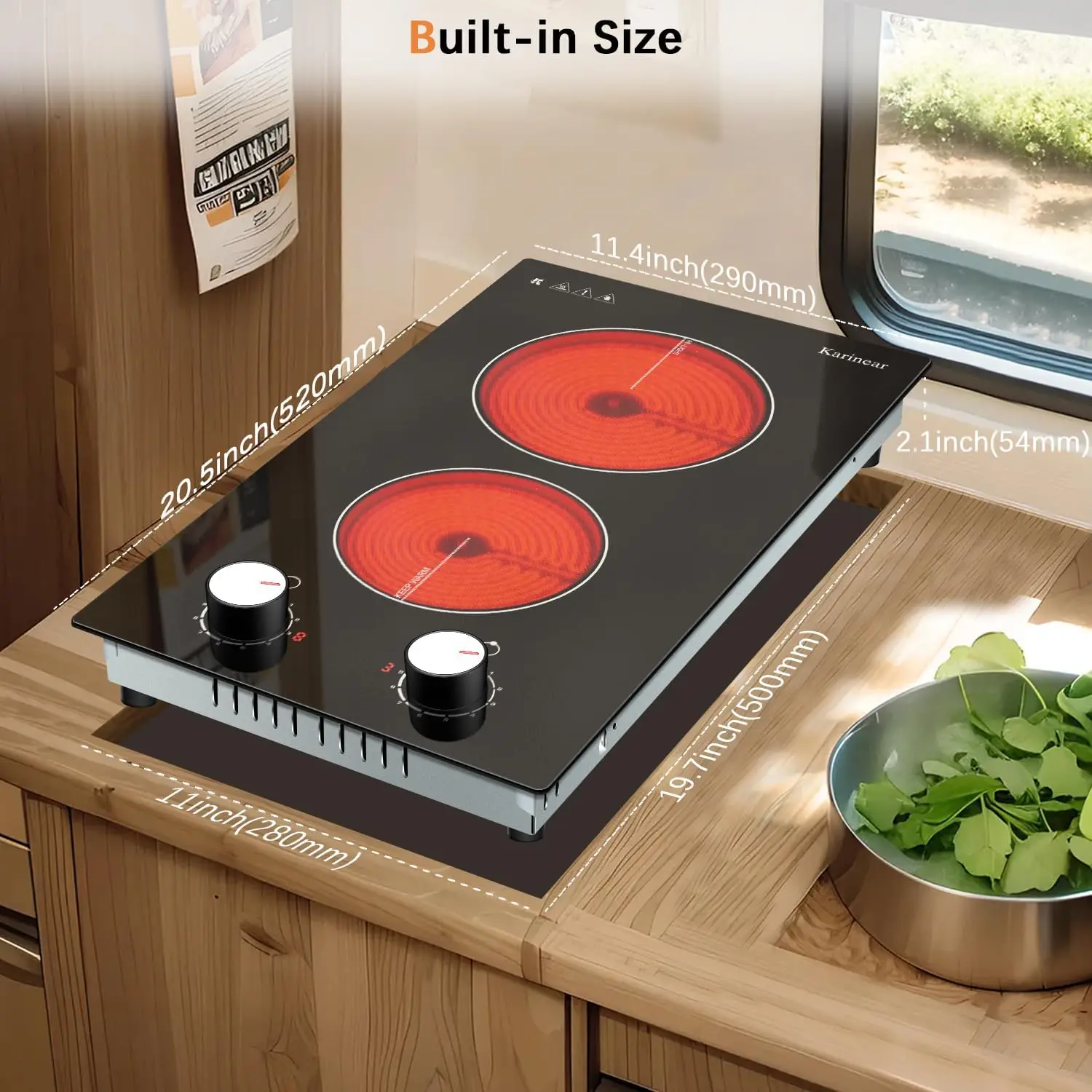 Karinear 110V Electric Cooktop 2 Burners Electric Stove 12 Inch Knob Control Countertop & Built-in Ceramic Cooktop (White Knob)