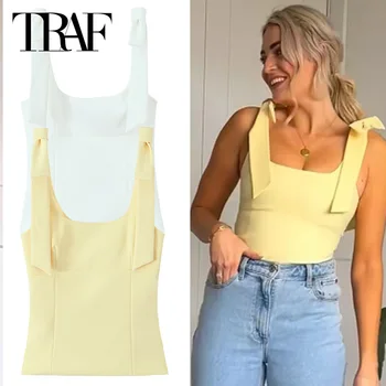 TRAF Butterfly Crop Top Woman Summer Yellow White Slip Top Cute Bow Off Shoulder Tank Top Tanks & Camis Sleeveless Backless Tops 1