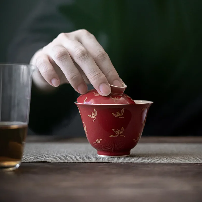 Lang Hong Gilded Gaiwan Chinese Style Red Autumn Orchid Gilded Decal Cover Bowl Kungfu Small Tea Making Bowl