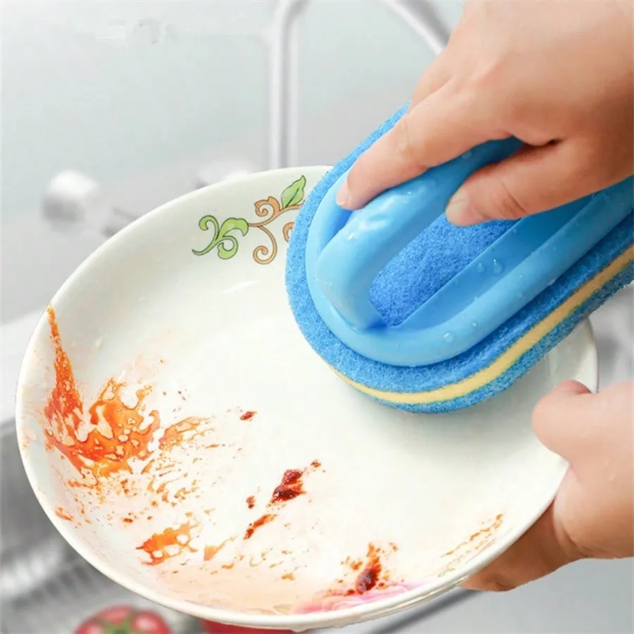 Kitchen Cleaning Brush with Handle Pot Washing Sponge Thick Scouring Pad Ceramic Tile Wall Cleaning Purifying Artifact
