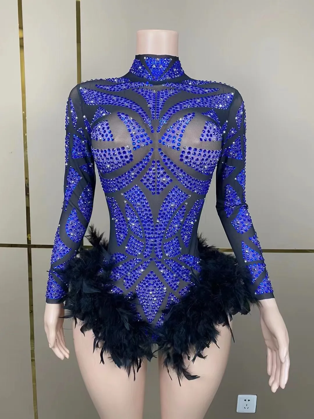 

Sexy Perspective Mesh Festival Outfit Blue Rhinestones Feather Bodysuit Women Gogo Dance Costume Dj Ds Drag Queen Wear XS7443