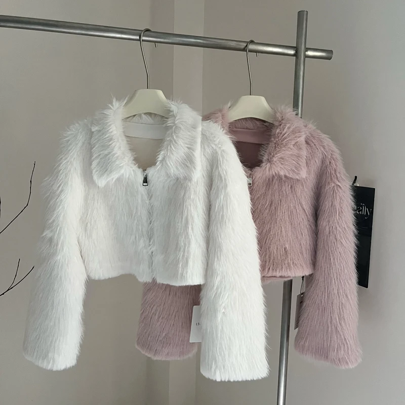 

Women's Sweet Faux Fur Fuzzy Crop Jacket Lady Autumn Winter High Street Faux Fox Hair Long Sleeve Loose Short Outwear