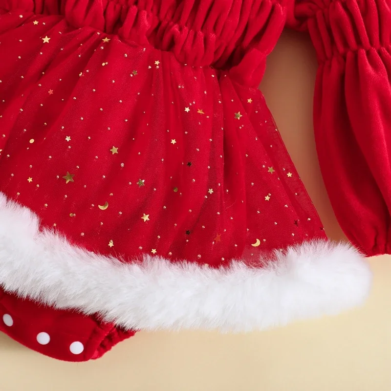 Baby Girls Christmas Corduroy Romper Dress Red Long Sleeve Star Moon Print Ruched Romper with Headband Baby Xmas Costume