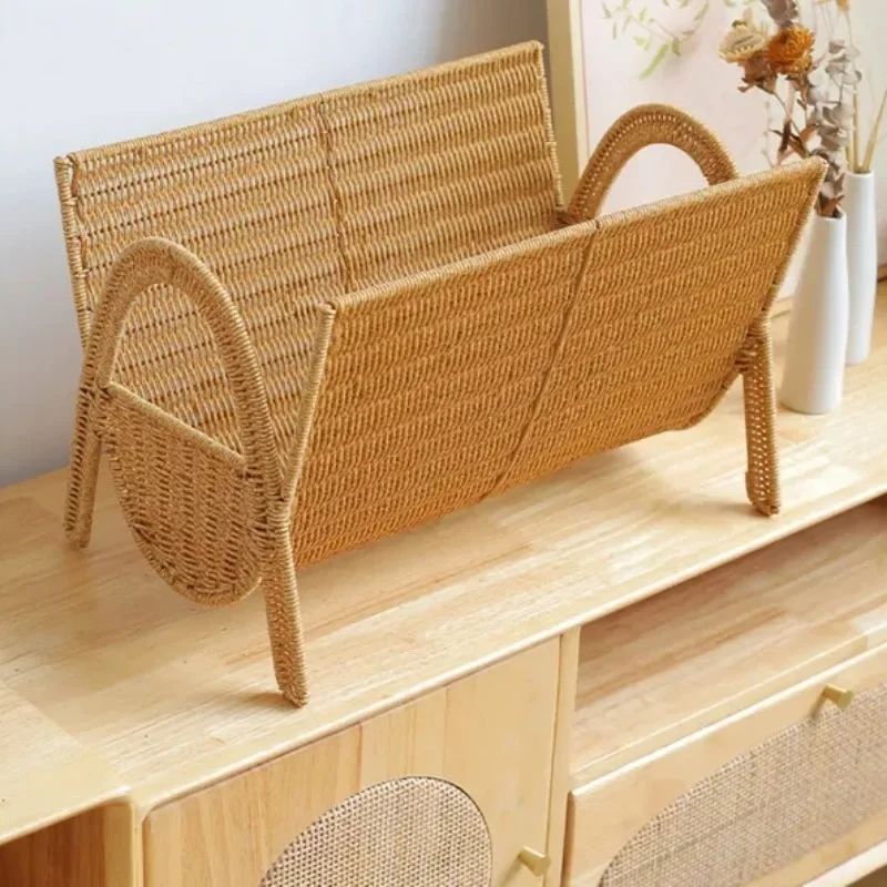 Kens Hand Woven Vertical Magazine Living Room Floor To Ceiling Small Bookshelf, Imitation Rattan Light Luxury Book, Storage