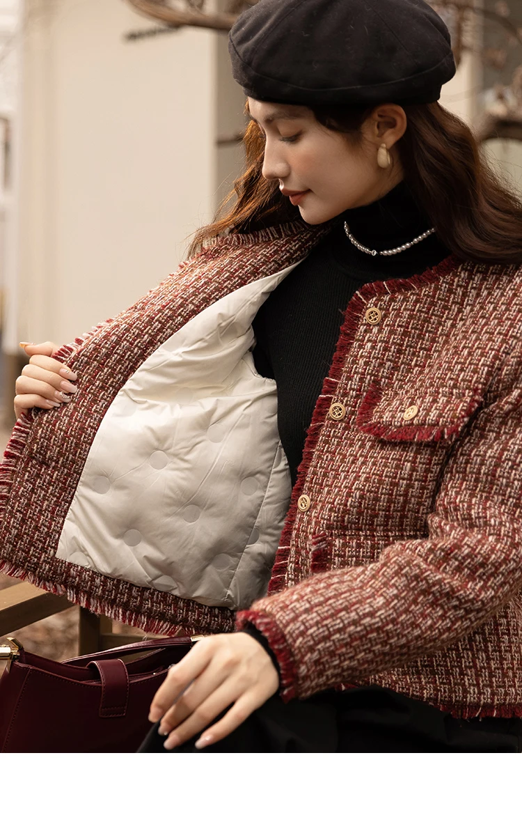 MISHOW Down Wool Coats 2025 Winter Clothes Women Chic Short Plaid Outerwear Temperament Warm Female O Neck Jackets MXB48W0888