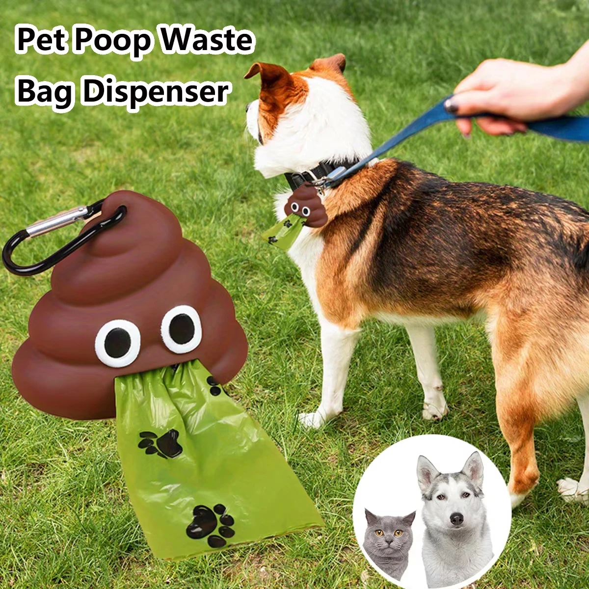 Dispenser per sacchetti igienici per animali domestici con design a forma di cacca, leggero, in silicone, con clip, per cani e gatti, per passeggiate, escursioni e pulizia domestica. - immagine 2